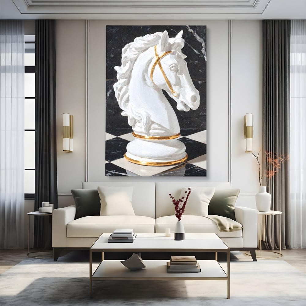 Tablou canvas cu tablou canvas cu cal de sah, fara rama, pe sasiu de lemn, pe perete intr-un living